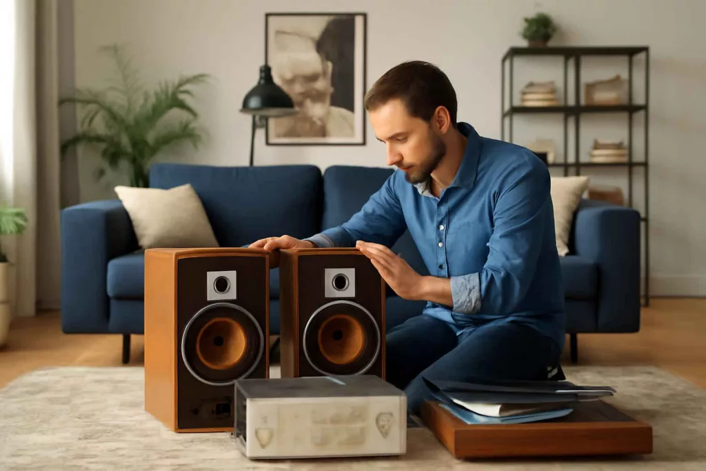 Person inspecting used home audio gear including bookshelf speakers, amplifier, and turntable