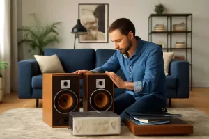 Person inspecting used home audio gear including bookshelf speakers, amplifier, and turntable