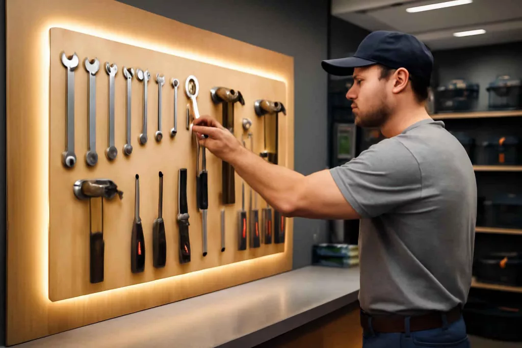Custom tool shadow board with outlined tools in a modern home gear store workshop