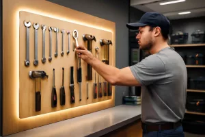 Custom tool shadow board with outlined tools in a modern home gear store workshop