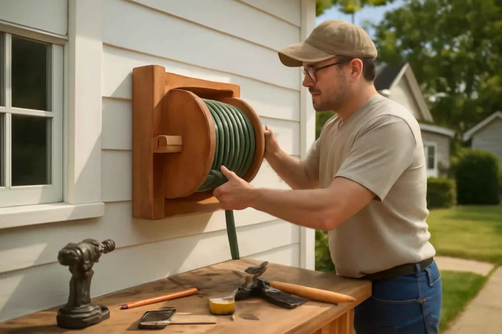 Homeowner installing a wall-mounted garden hose reel