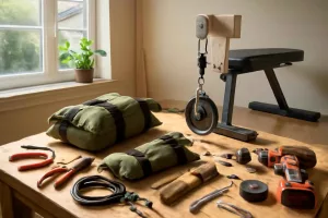 DIY gym gear for home workout in a bright workshop with resistance bands and sandbags
