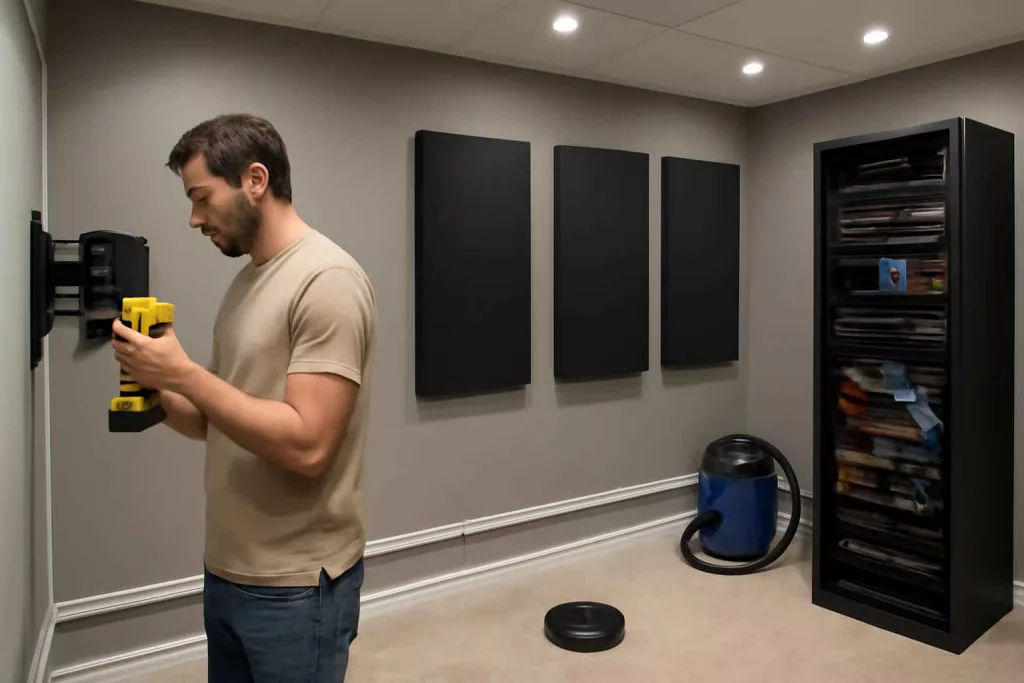 DIY home theater setup with tools, cable organizers, AV rack, and vacuum cleaner
