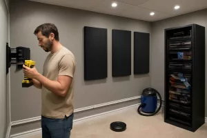 DIY home theater setup with tools, cable organizers, AV rack, and vacuum cleaner