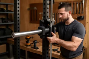 Person assembling DIY smith machine attachment on power rack in garage workshop.