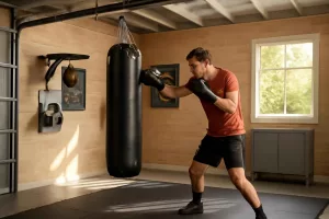 Home boxing gear setup in a well-organized garage gym