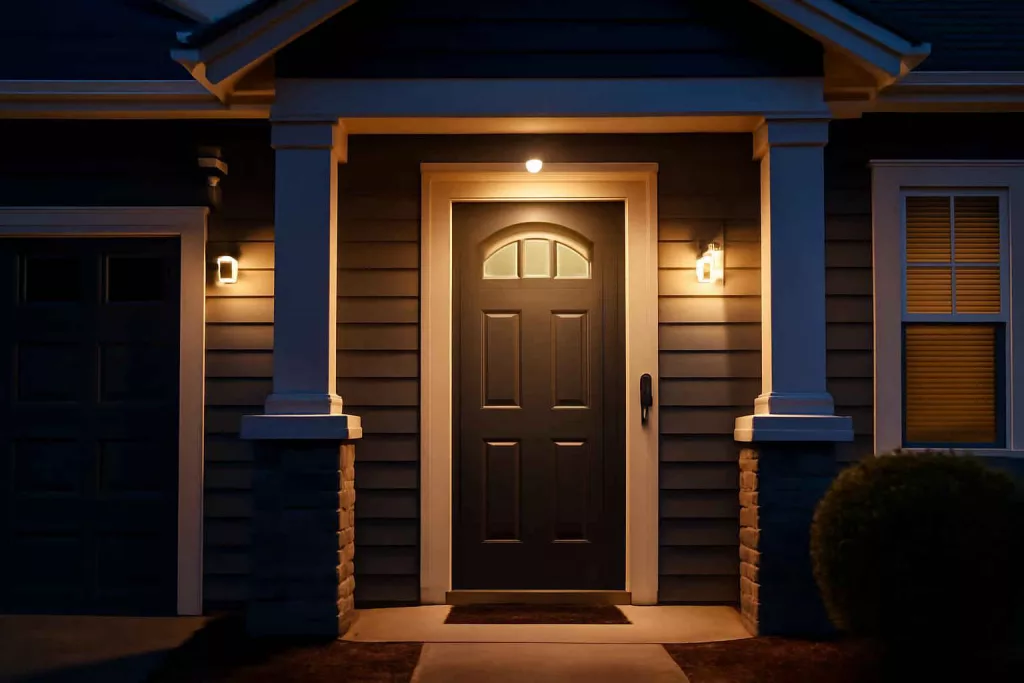 Suburban home entrance with smart defense devices
