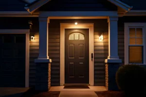 Suburban home entrance with smart defense devices