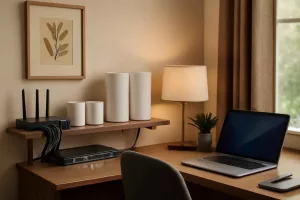 Modern home office setup featuring Wi-Fi routers, mesh nodes, and network switch neatly organized