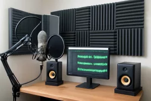 Home recording studio setup with microphone accessories including shock mount, pop filter, isolation pads, and acoustic panels