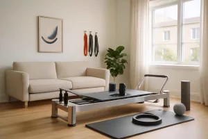 Modern home Pilates studio setup with reformer, mat, and accessories