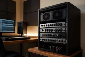 Modern home studio rack gear with audio interfaces, power distribution unit, and cable management