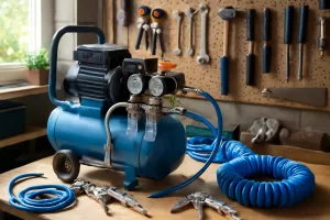 Home workshop bench with air compressor accessories including hoses, fittings, and gauges