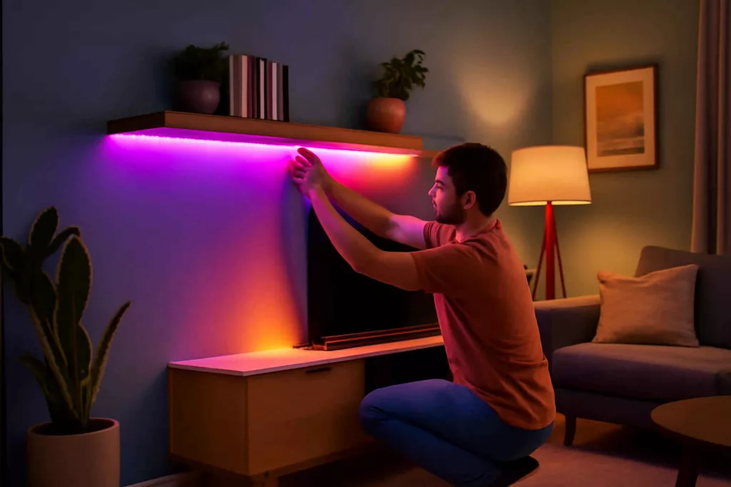 Smart LED strip lights under a floating shelf in a modern living room