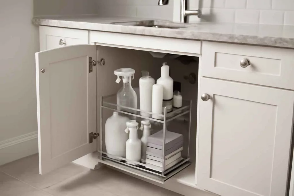 Under-sink pull-out cabinet organizer with shelves holding cleaning supplies