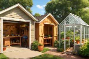 Three outbuildings around a home: garage workshop, garden shed, and greenhouse equipped with tools and gadgets