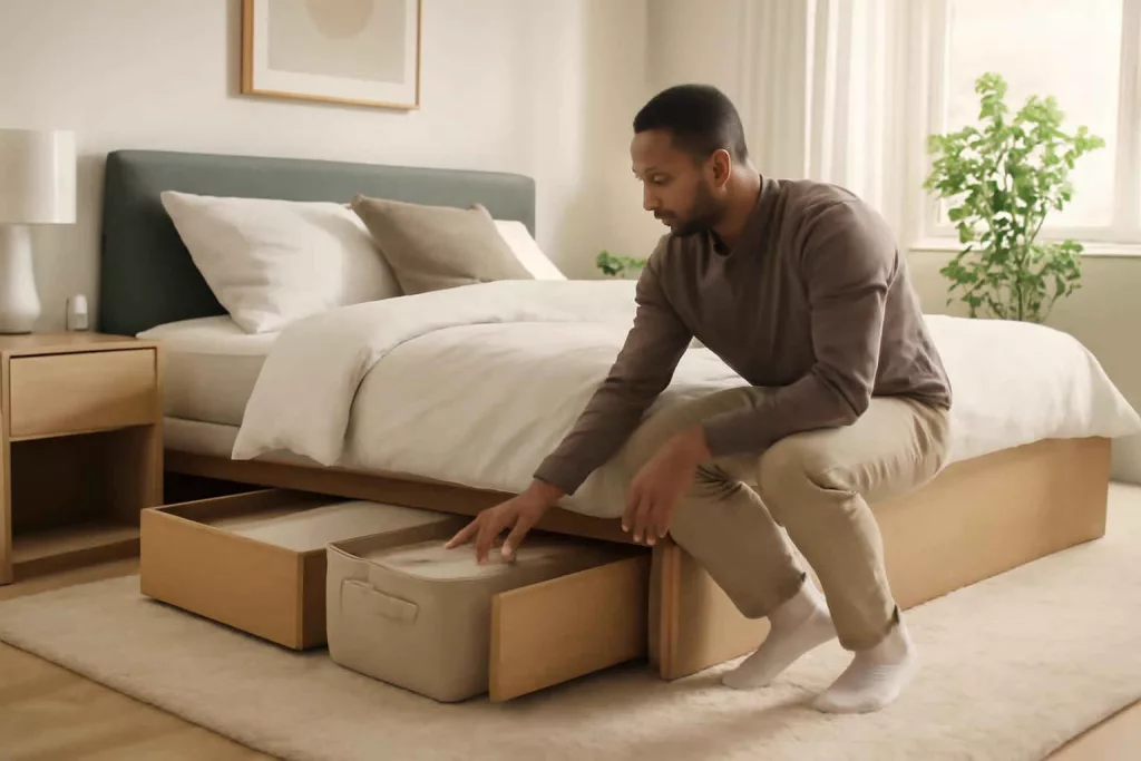 Under-bed storage organizers neatly arranged under a modern bed frame in a clean bedroom