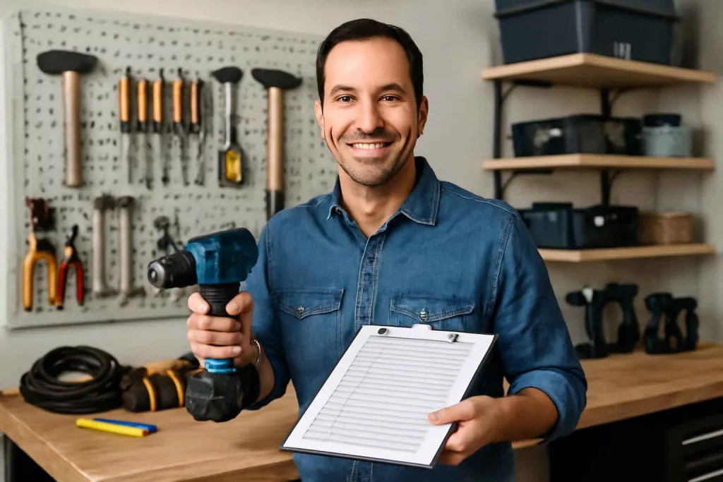 Homeowner selecting the perfect tool in a well-organized workshop for DIY projects