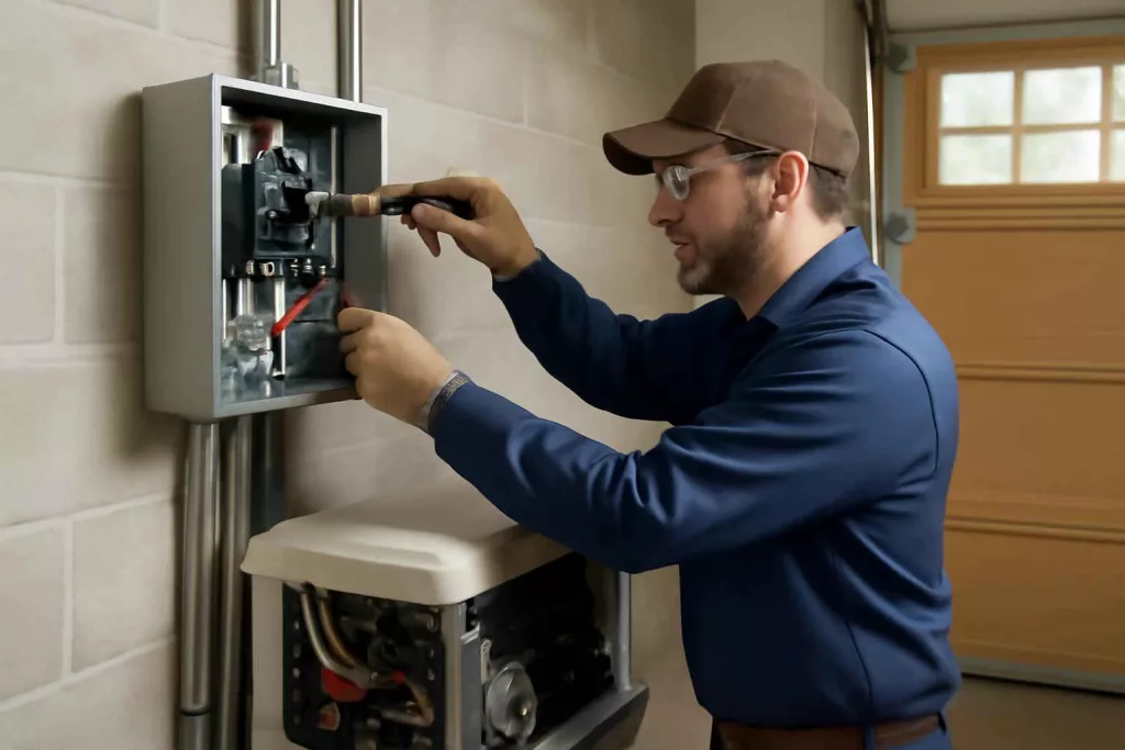 Electrician installing home generator switch gear in a residential garage