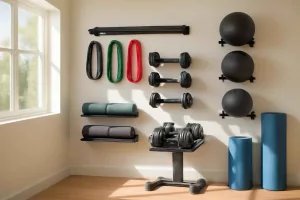 Organized home gym with fitness gear neatly stored on racks and shelves