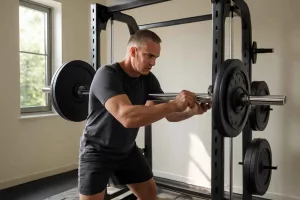 Modern home gym with a Smith machine and weight plates