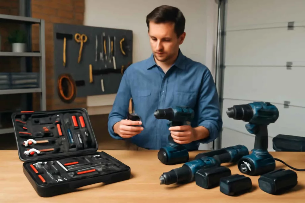 Homeowner comparing a basic home improvement tool set with a modular power tool system on a workshop bench