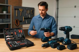 Homeowner comparing a basic home improvement tool set with a modular power tool system on a workshop bench