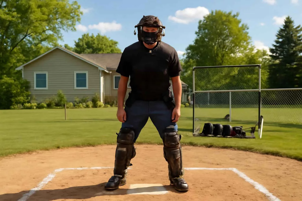 Backyard baseball umpire wearing full protective gear behind home plate