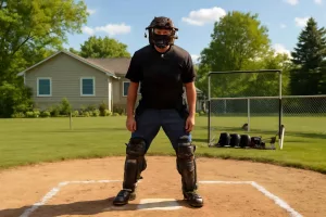 Backyard baseball umpire wearing full protective gear behind home plate