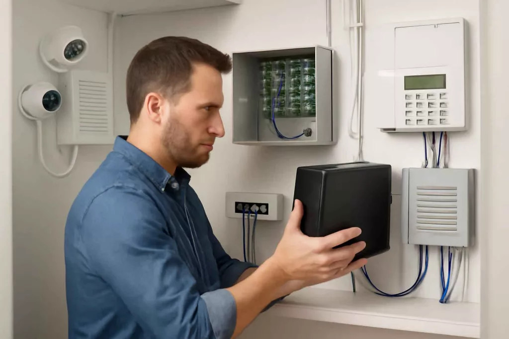 Homeowner installing battery backup system for home protection gear