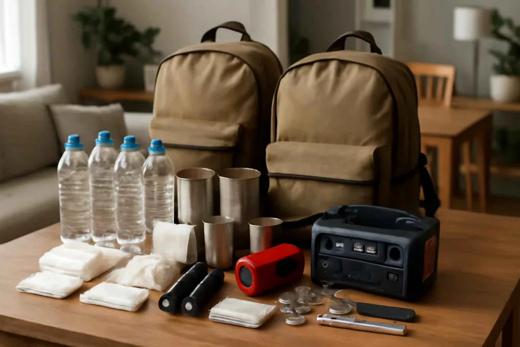 Organized home survival gear kit laid out on a table