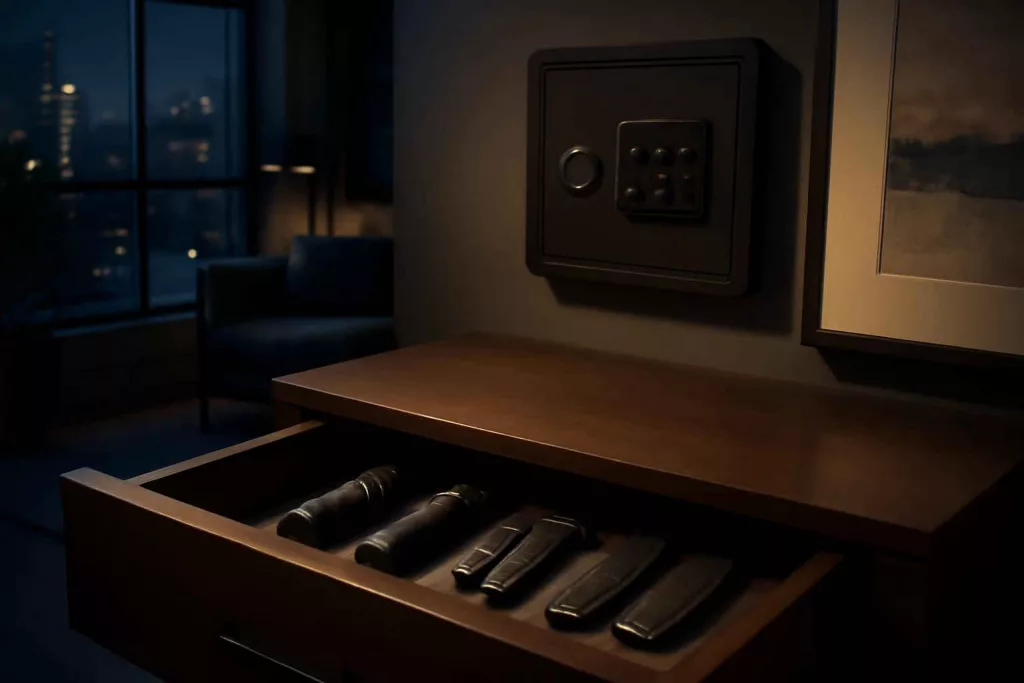Low-profile tactical gear concealed in a drawer for urban home defense