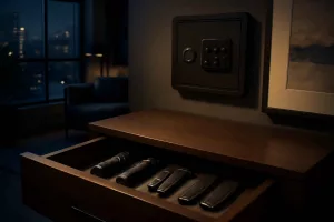 Low-profile tactical gear concealed in a drawer for urban home defense