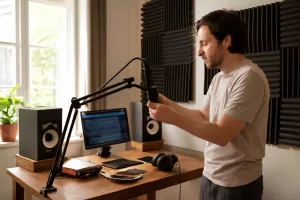 Modern home studio setup with a desk, audio interface, microphone, studio monitors, and acoustic panels