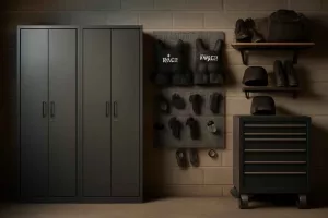 Police tactical gear neatly organized in home storage with lockable cabinets and pegboards