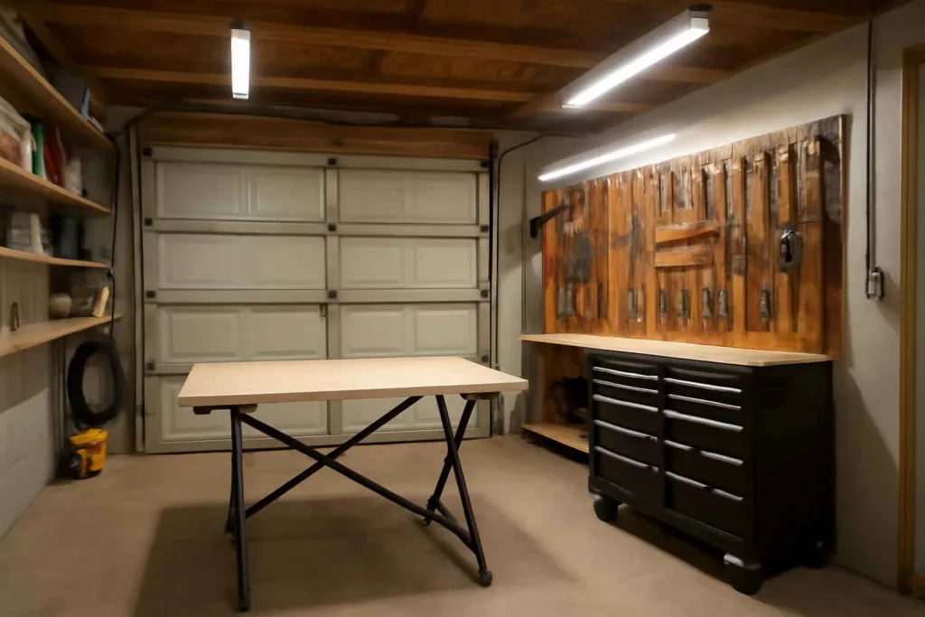 Portable workshop setup in a small garage with a foldable workbench, rolling tool cart, and organized tools