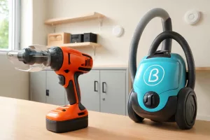 Safe home gear essentials including safety-focused power tools, vacuum cleaner with child lock, and organized storage solutions