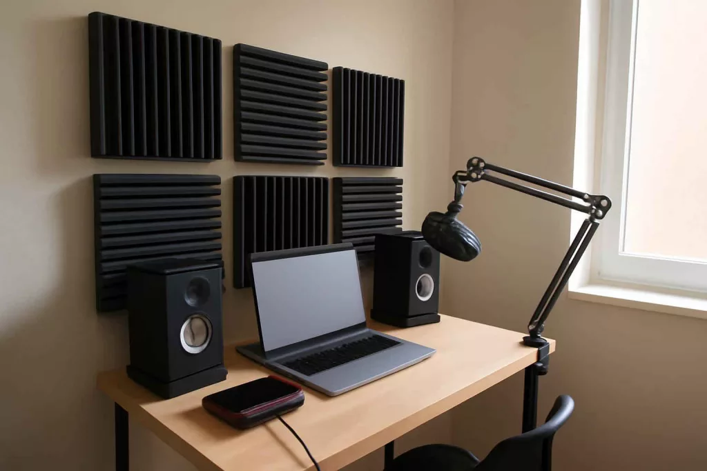 Compact home recording studio with space-saving gear in a small room