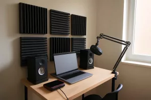 Compact home recording studio with space-saving gear in a small room
