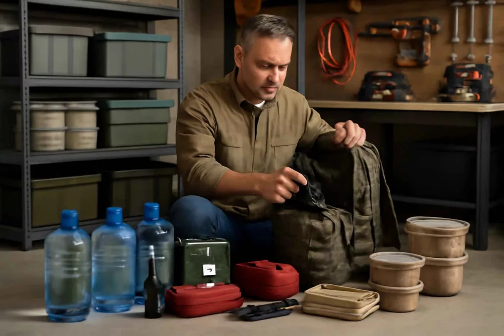 Homeowner organizing survival gear kit in garage