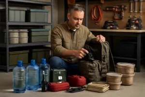 Homeowner organizing survival gear kit in garage