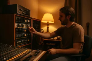 Home studio rack with outboard gear and an audio engineer adjusting knobs