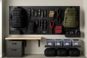 Home tactical gear organized on wall-mounted panels with backpacks, tools, and emergency equipment