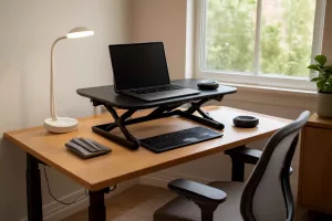 Home office setup with ergonomic chair, smart lighting and organized desk