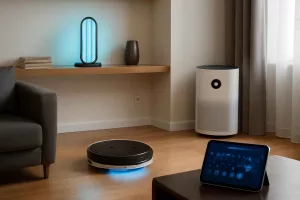 Living room with smart sanitizing gear including UV-C lamp, robotic UV vacuum, and smart air purifier