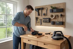A person setting up a work from home gear station with power tools, vacuum cleaner, and organizers