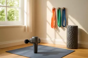 Home workout recovery gear including foam roller, massage gun, and resistance bands in a home gym corner