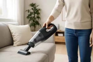 Cordless HEPA handheld vacuum removing pet hair from a couch