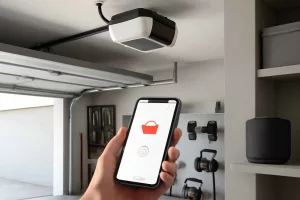 Smart garage door opener installed in a modern home garage with smartphone control