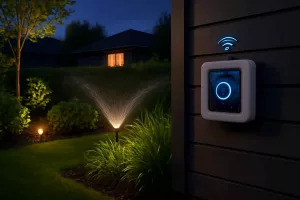 Modern smart Wi-Fi garden irrigation controller installed in a home garden